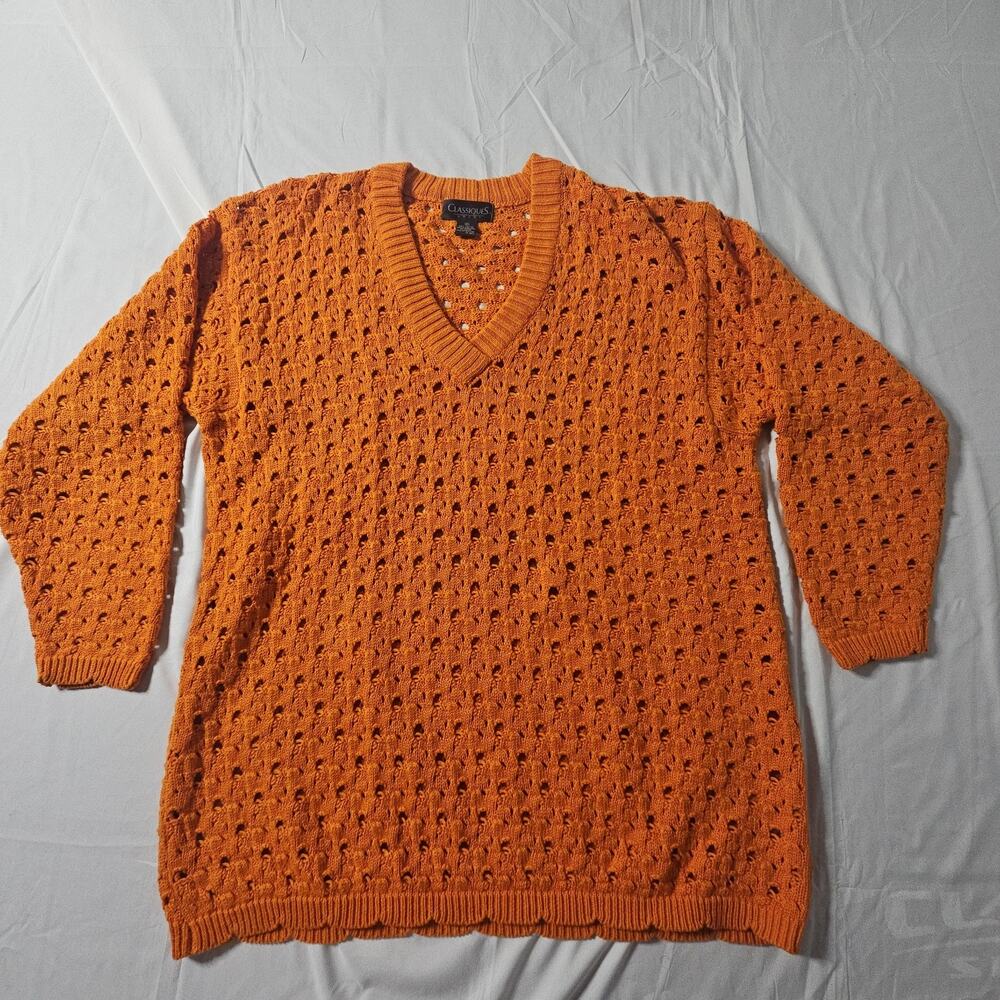 Vintage Classiques Sport Sweater Womens M Orange Crochet Knit 100% Cotton HK